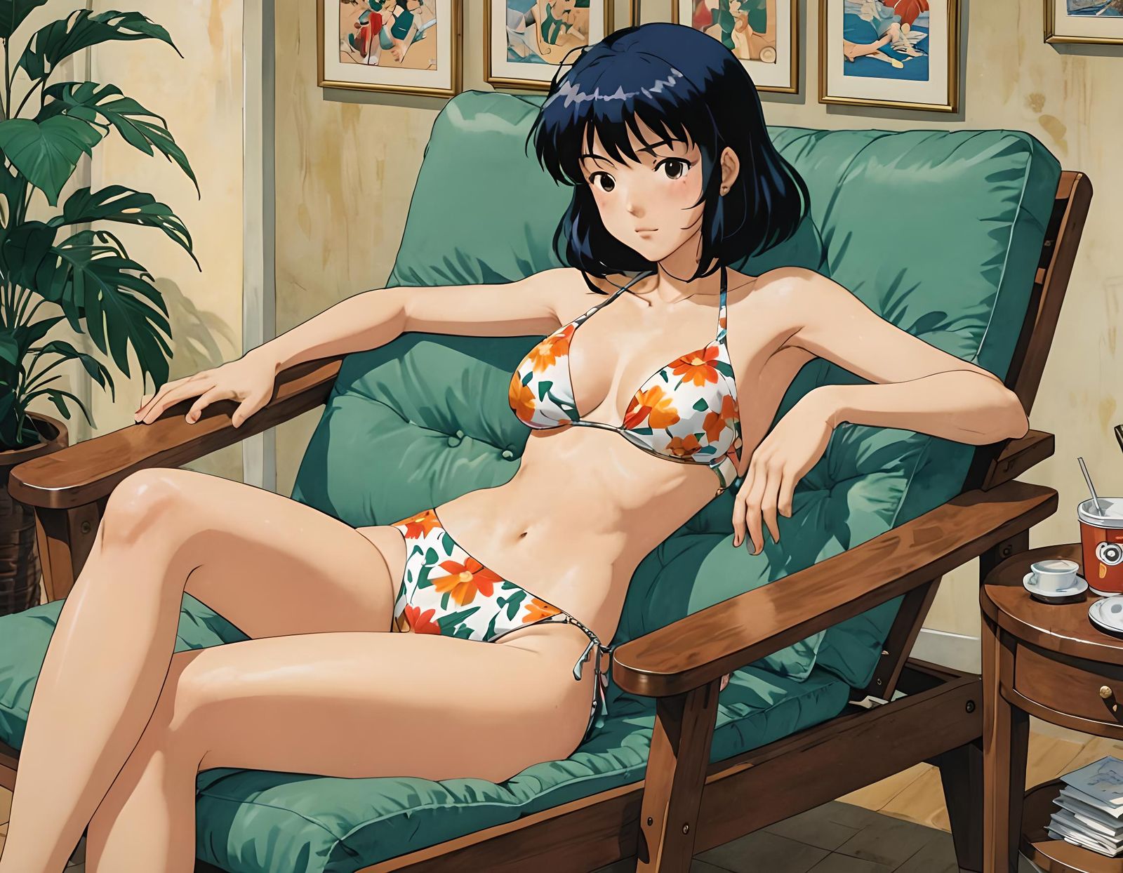 Anime Woman in Bikini Relaxing on Chair