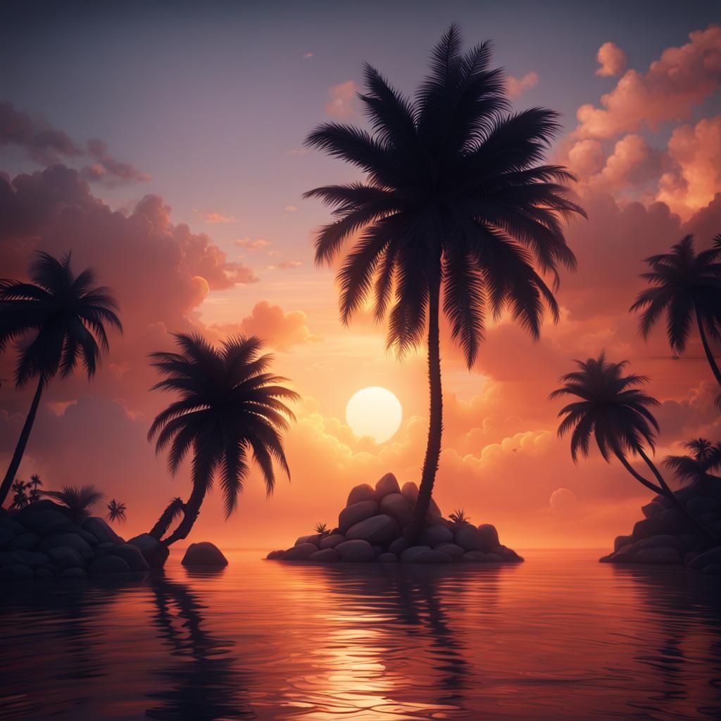Island Palm Tree Sunset Matte Painting