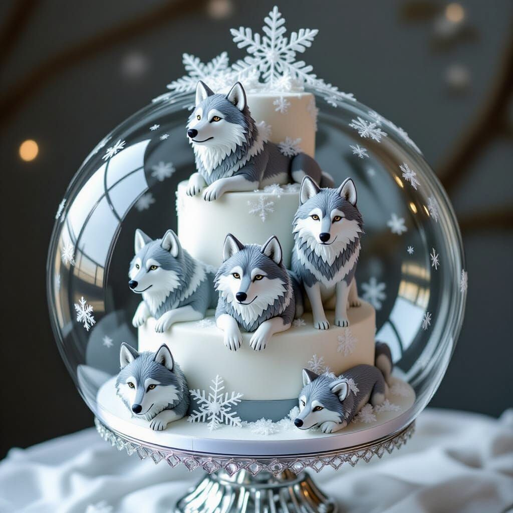 Snow Globe Cake with Draped Wolves and Winter Accents