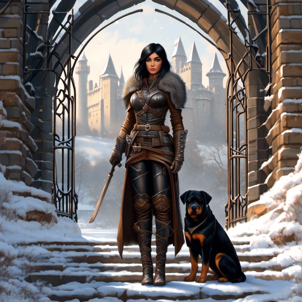 #Full body, Stunning female warrior standing guard at metal gates of castle entrance. Black hair, striking facial featur...