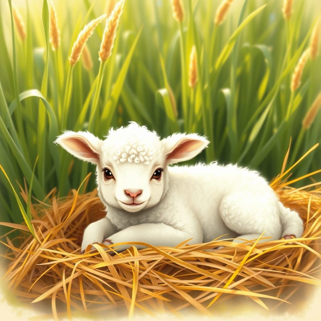 Charming White Lamb in Golden Straw, Whimsical Green Pasture