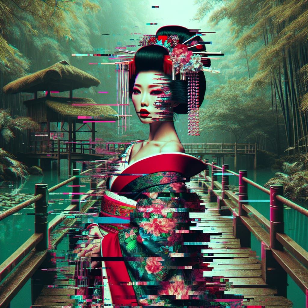 Geisha Fragmenting in Swamp: Glitch Art Piece