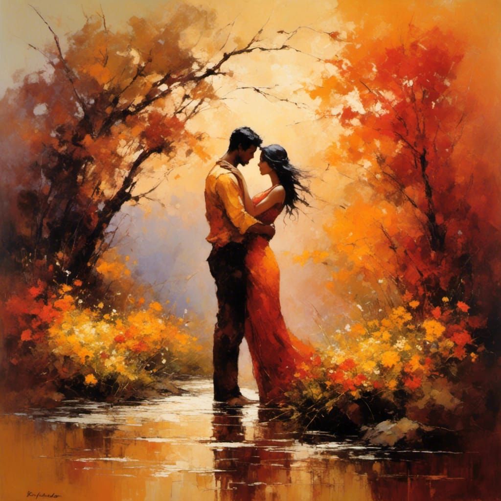 Embracing Silhouettes in Flowery Landscape