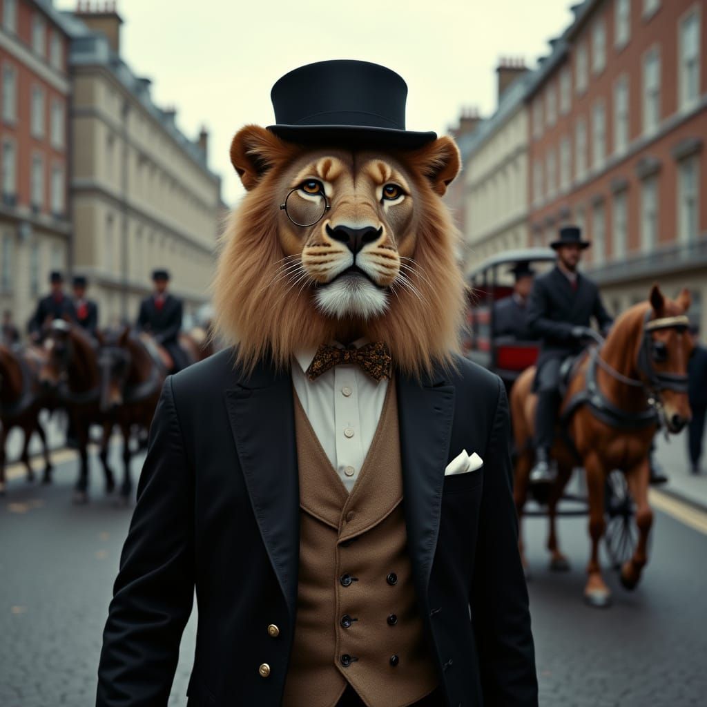 Regal Lion Strolls Through Victorian London in Elegant Attir...