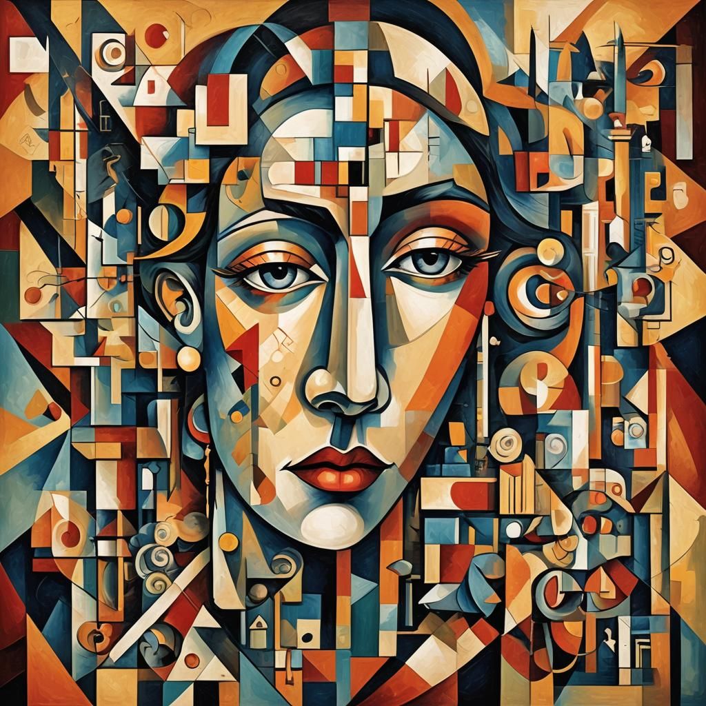 Cubist Painting with Geometric Shapes and Art Deco Influence