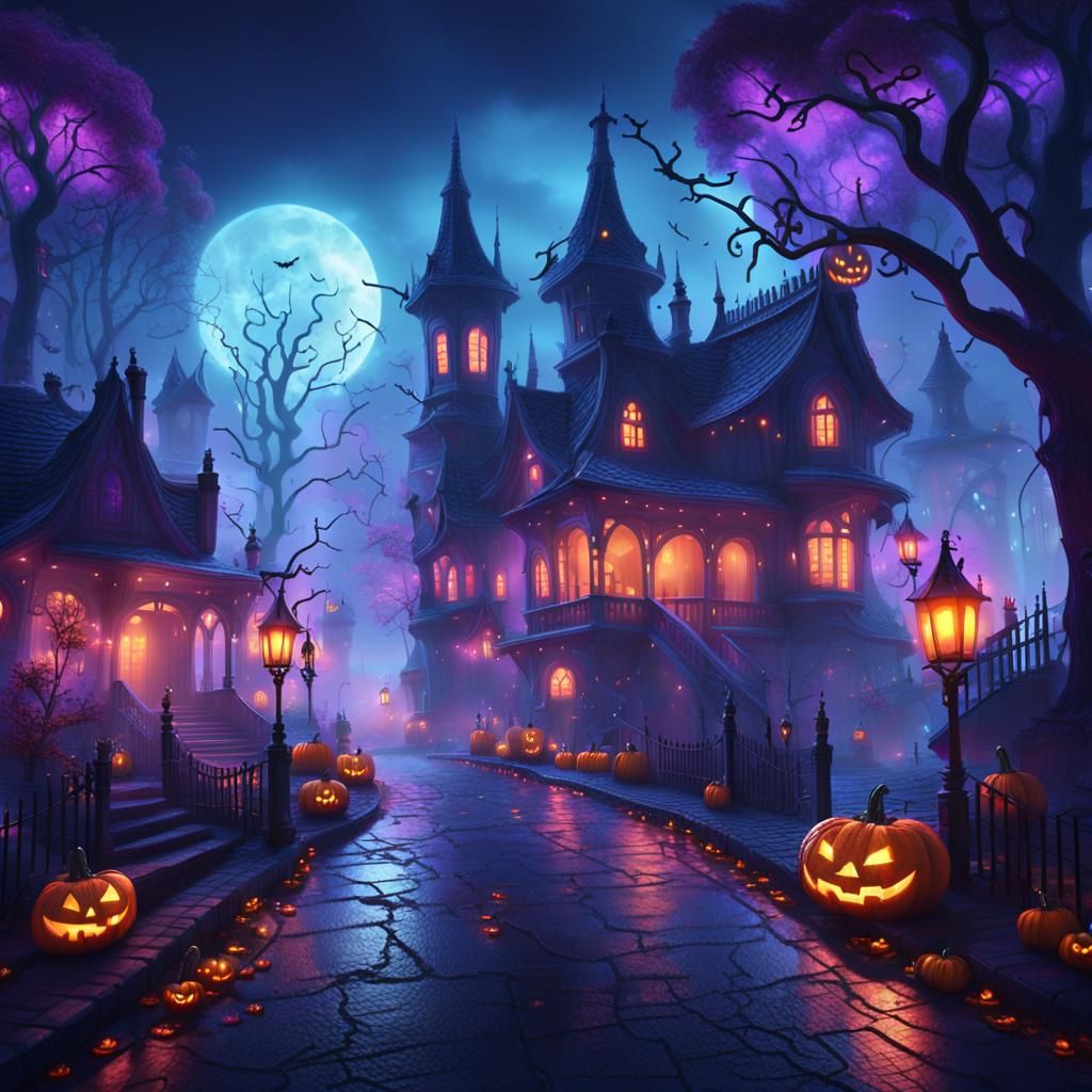Neon Halloween Town in Dark Fantasy Style
