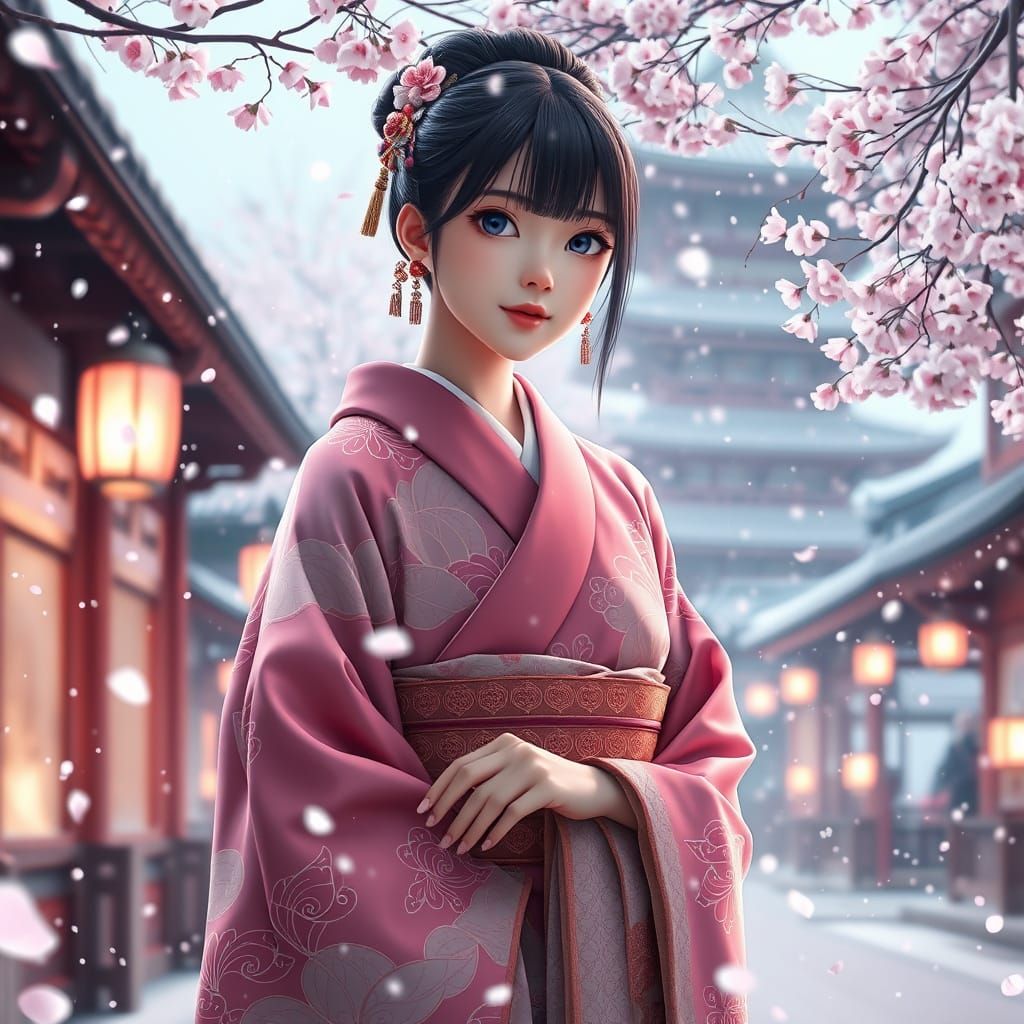 Traditional Japanese Woman in Cherry Blossom Snowstorm Kyoto
