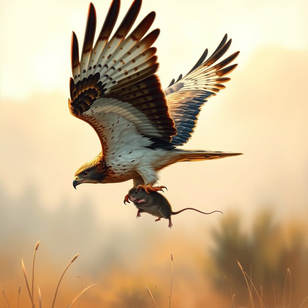 Hawk in Mid-Flight, Talons Clutching a Struggling Mouse