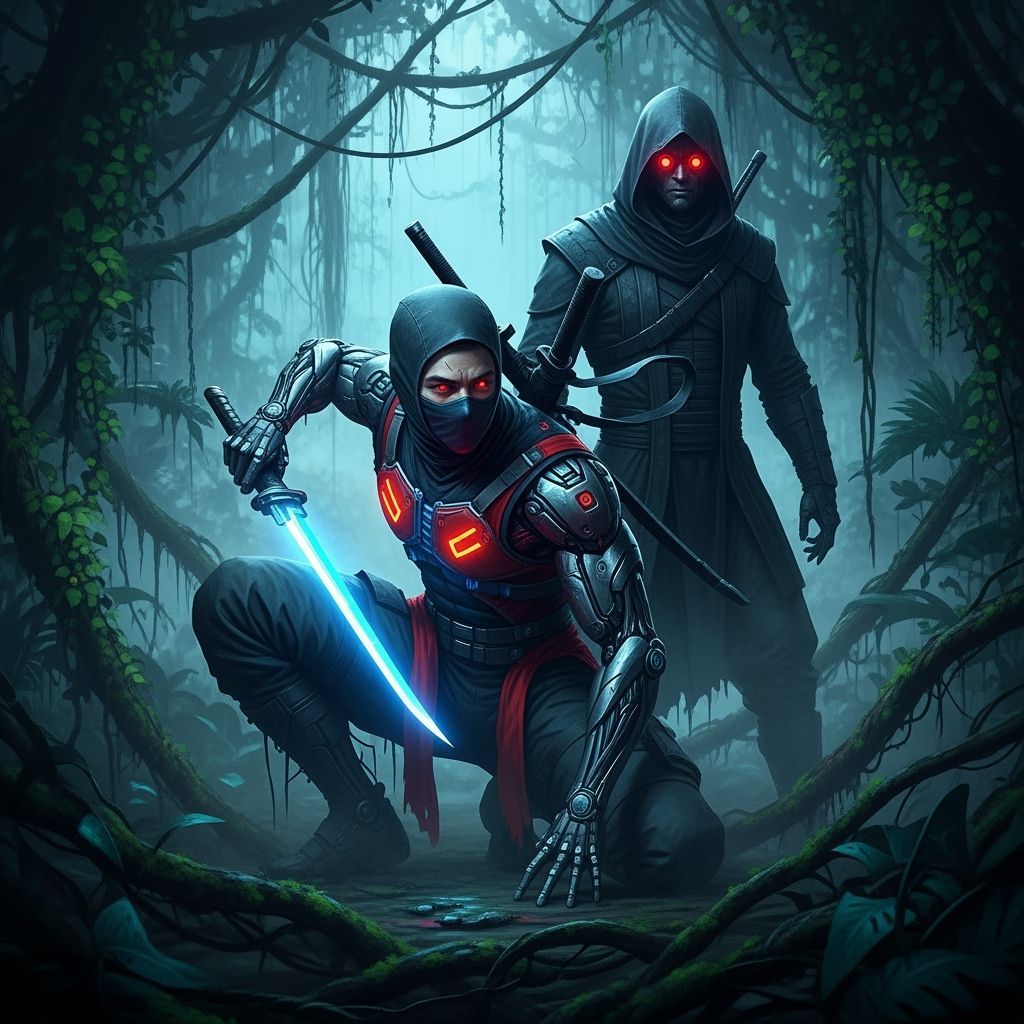 Cybernetic Ninja and Assassin in a Misty Jungle