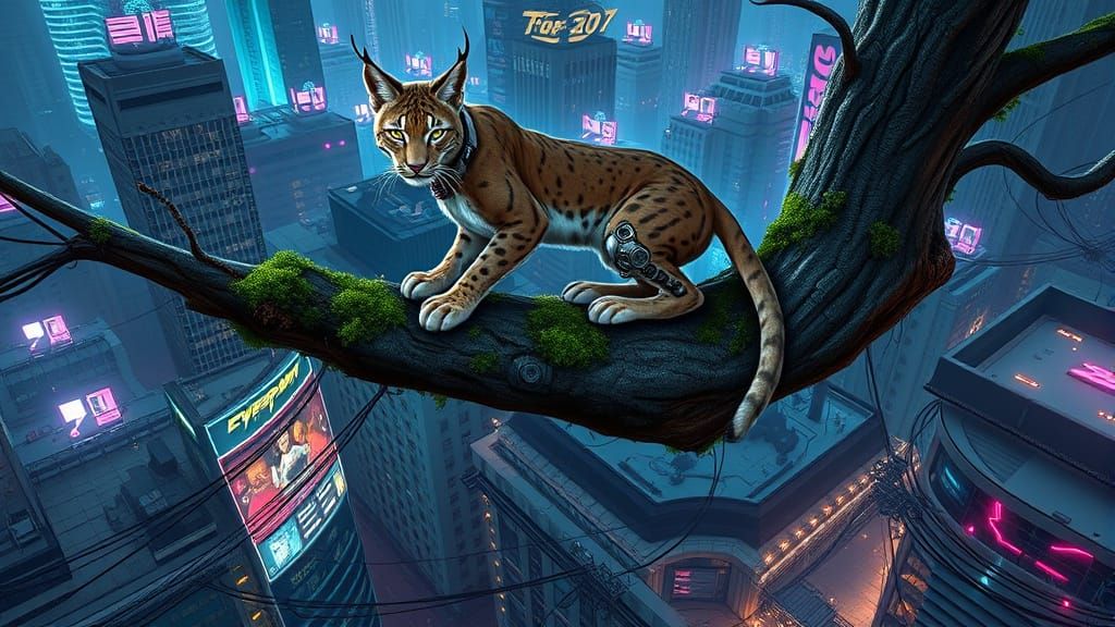 Cyberpunk Lynx Dominates Cityscape in Neon-Lit Dystopia