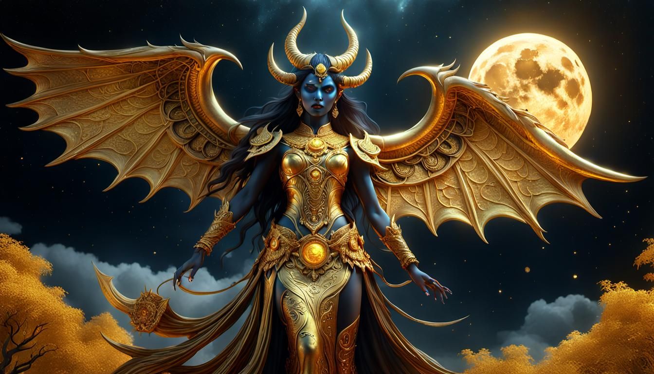 Demon Goddess in Golden Moon: Detailed Matte Painting