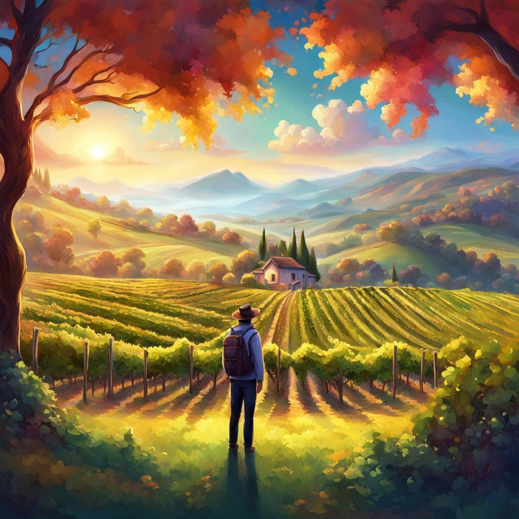 Vibrant Vineyard Scene in Whimsical Oil Painting Style