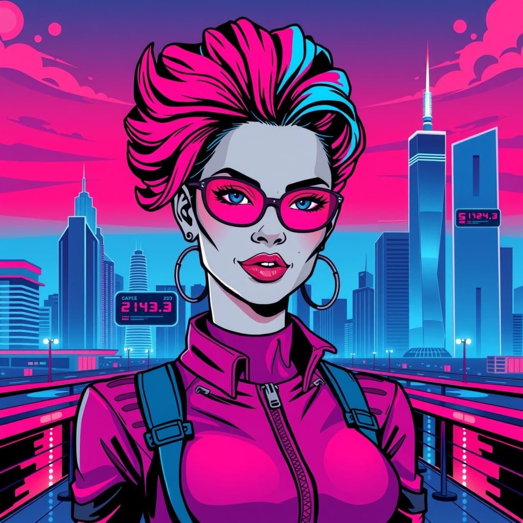 Vibrant Future Woman Shines in Retro-Futuristic Cityscape
