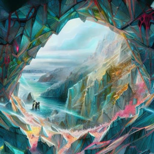 Iridescent Crystal Cave Entrance in Arctic Mountainside