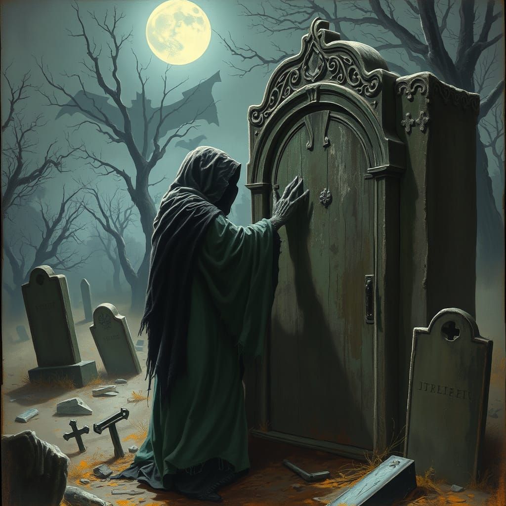 Moonlit Cemetery: Spectral Spirit with Door, Dramatic Shadin...
