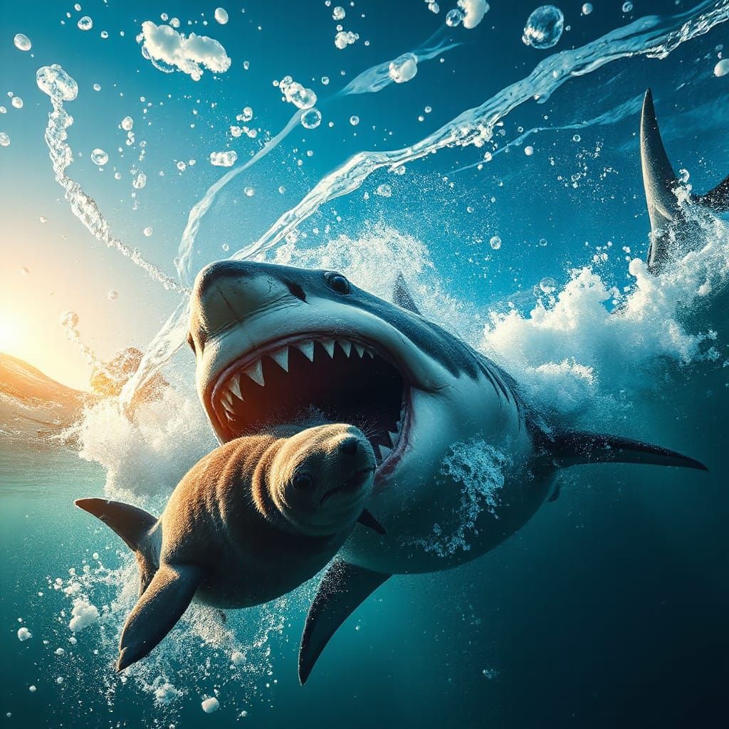 Great White Shark Attacks Seal in Dramatic Underwater Scene