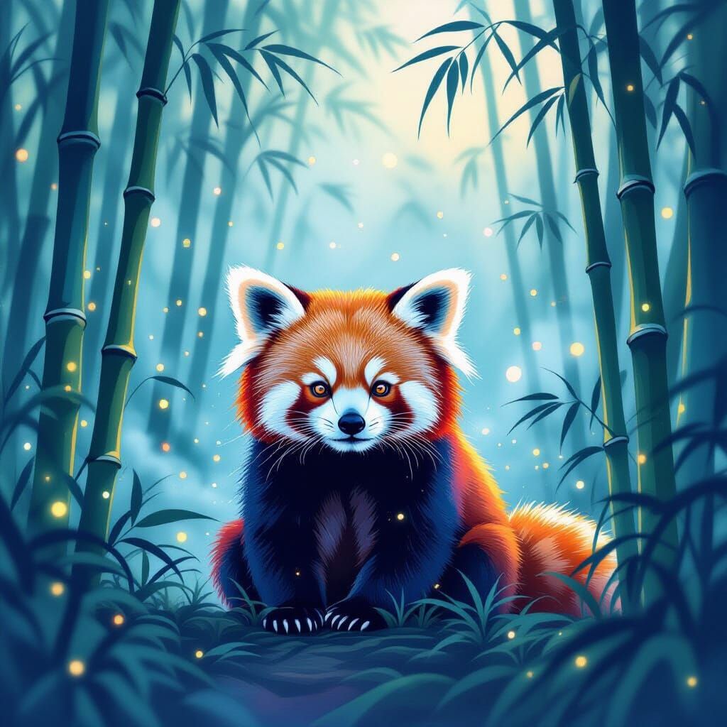 Bioluminescent Red Panda in Digital Watercolor Forest
