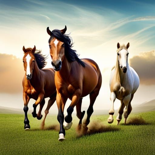 Horses Running on Meadow in Hyperrealistic Style