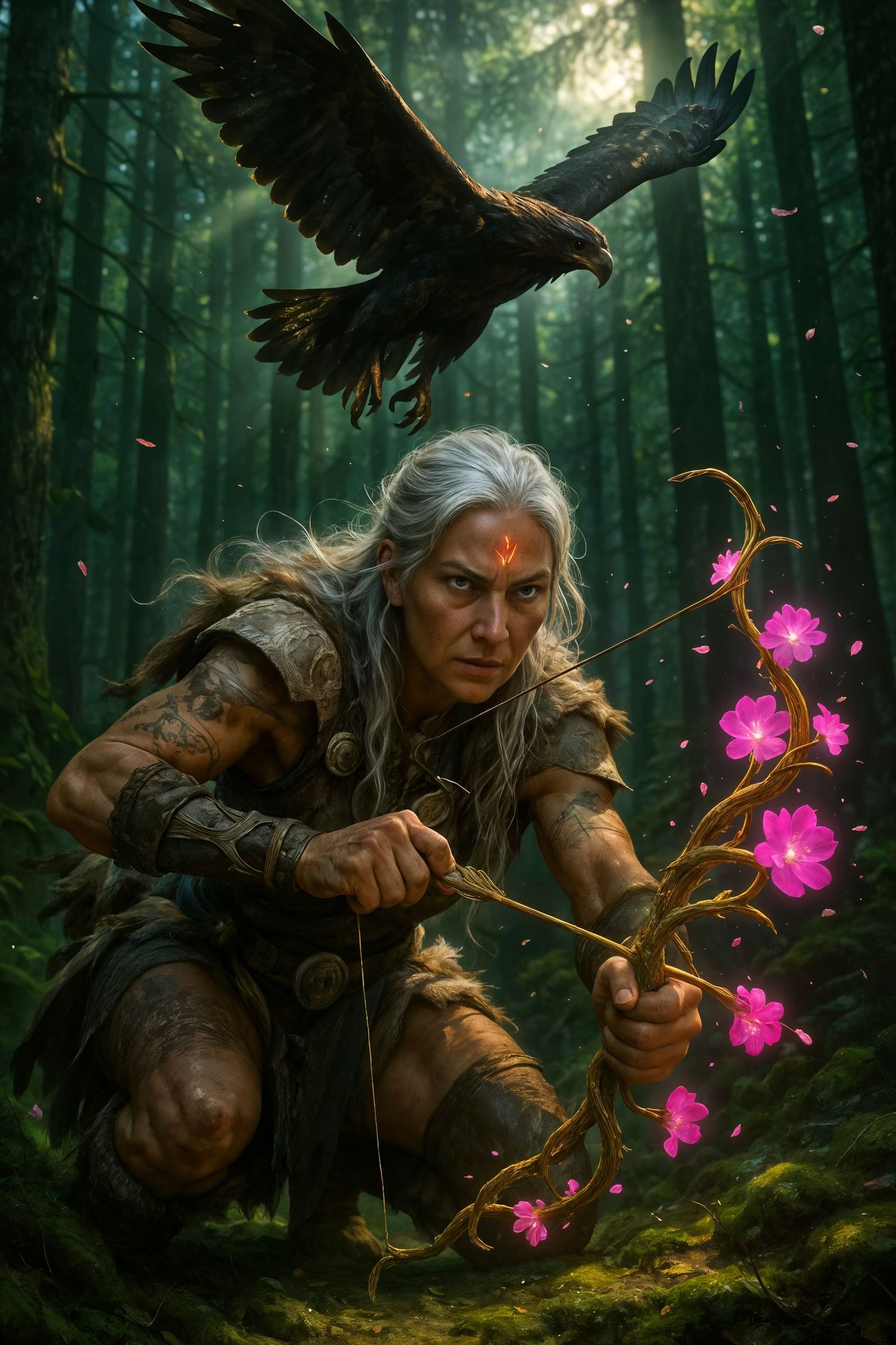 Tribal Huntress in Ancient Forest with War Eagle