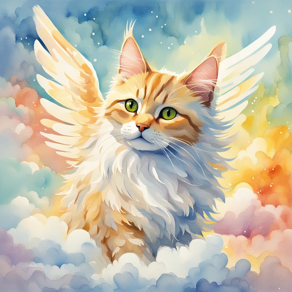 Flying Whimsical Cat in a Dreamy Watercolor Realm