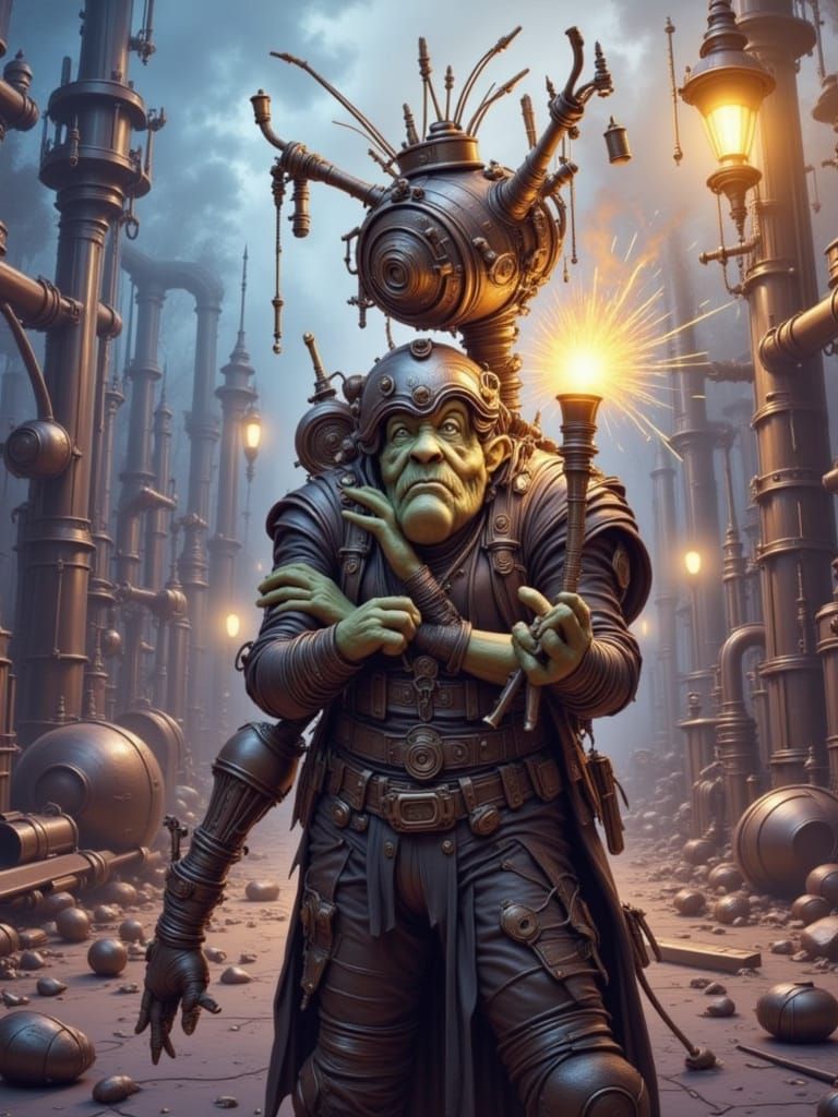 Goblin Inventor in Dimly Lit Steampunk Workshop