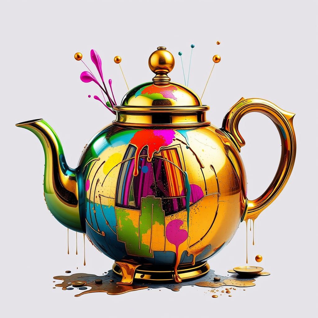 Wacky Deconstructed Teapot with Golden Reflections
