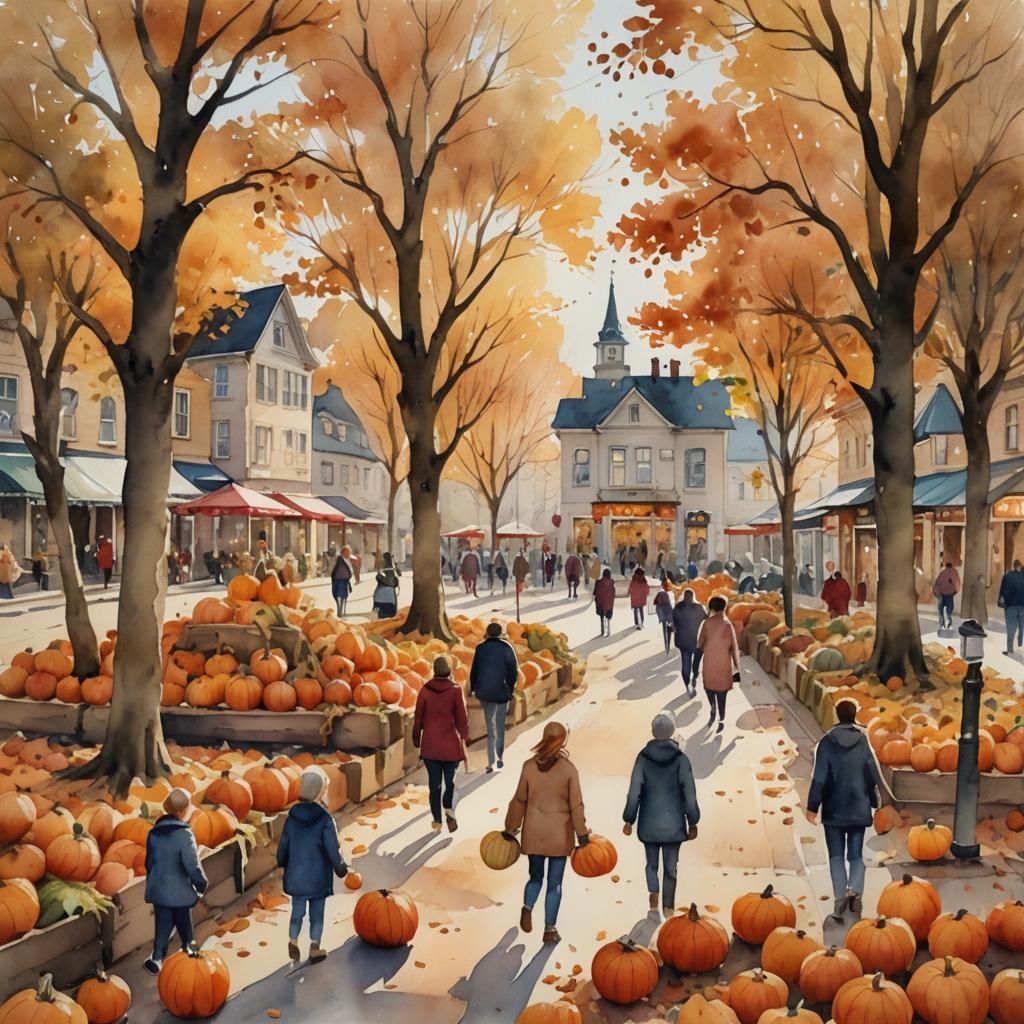 Autumn Town Square Watercolor Painting