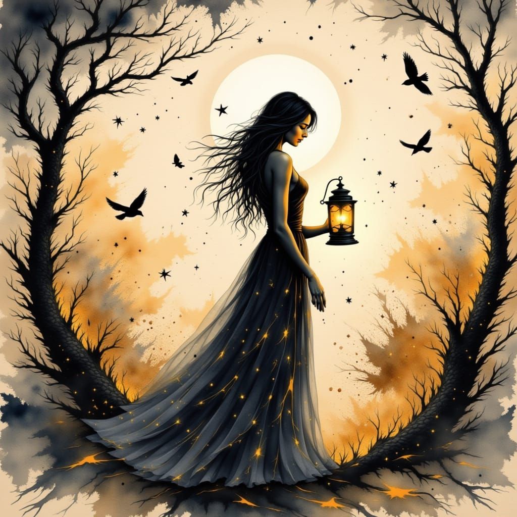 Mysterious Woman in Ethereal Gown, Holding a Glowing Lantern...