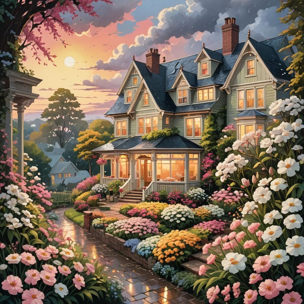 Cozy Home in Summer Rain, Hyperdetailed Illustration
