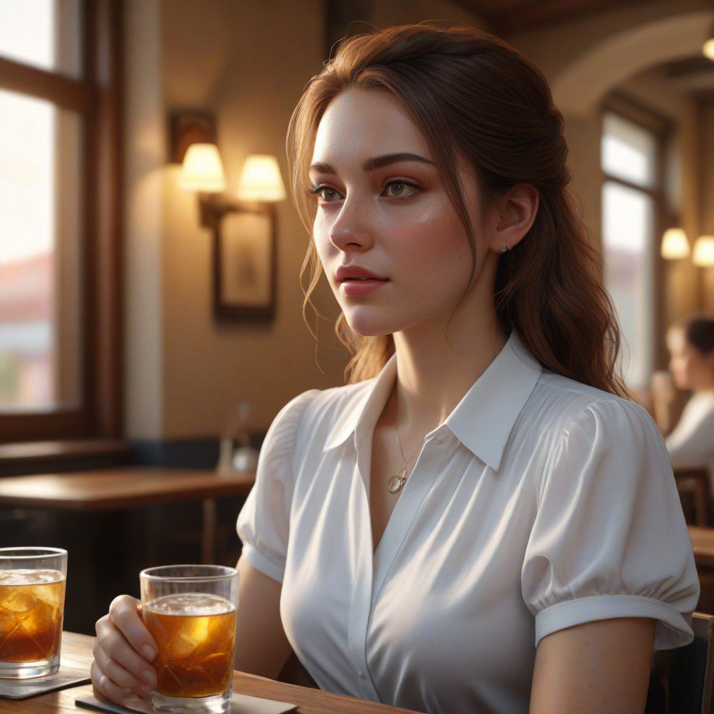 Girl in a Cafe, Warm Golden Hour