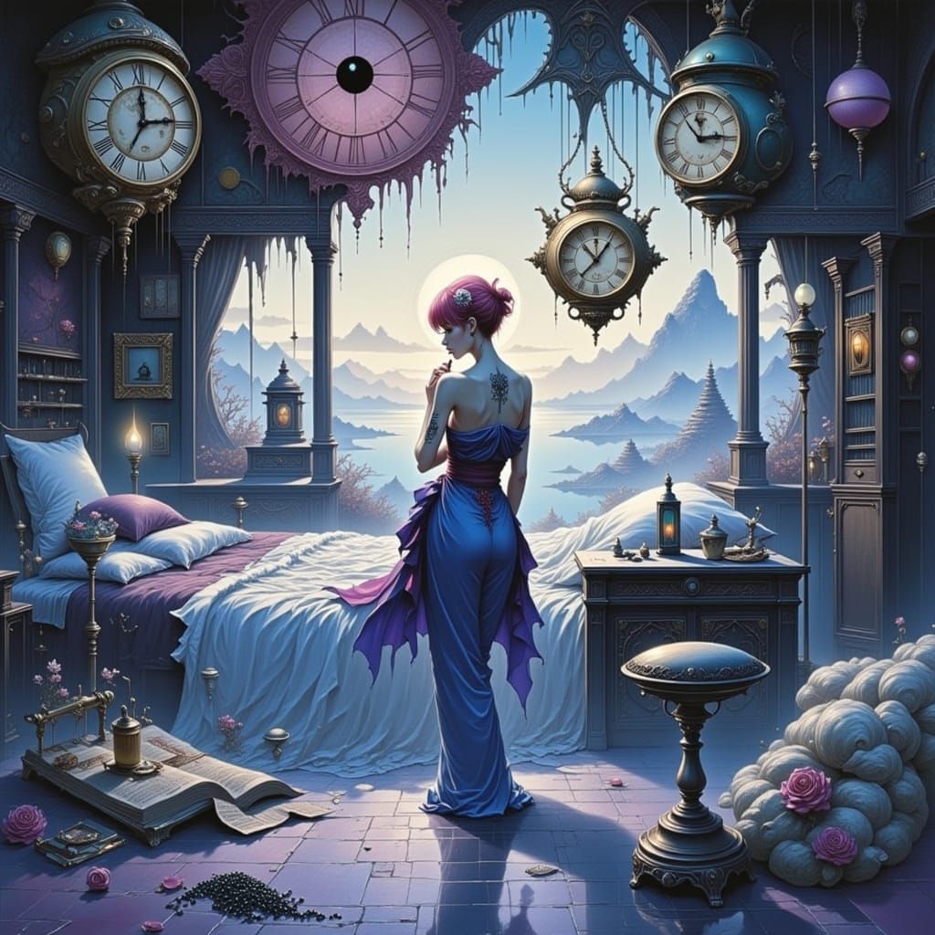 Japanese Woman Eating Caviar in Surreal Boudoir