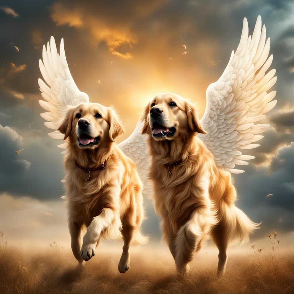 Golden Retrievers with Angel Wings: Digital Painting