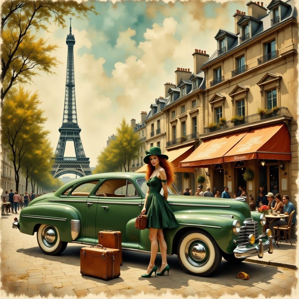 Parisian Woman in Green Dress, Impressionist Collage