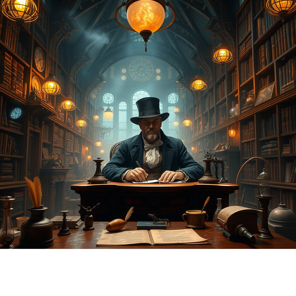 Enigmatic Gentleman in Mystical Library, Digital Matte Paint...