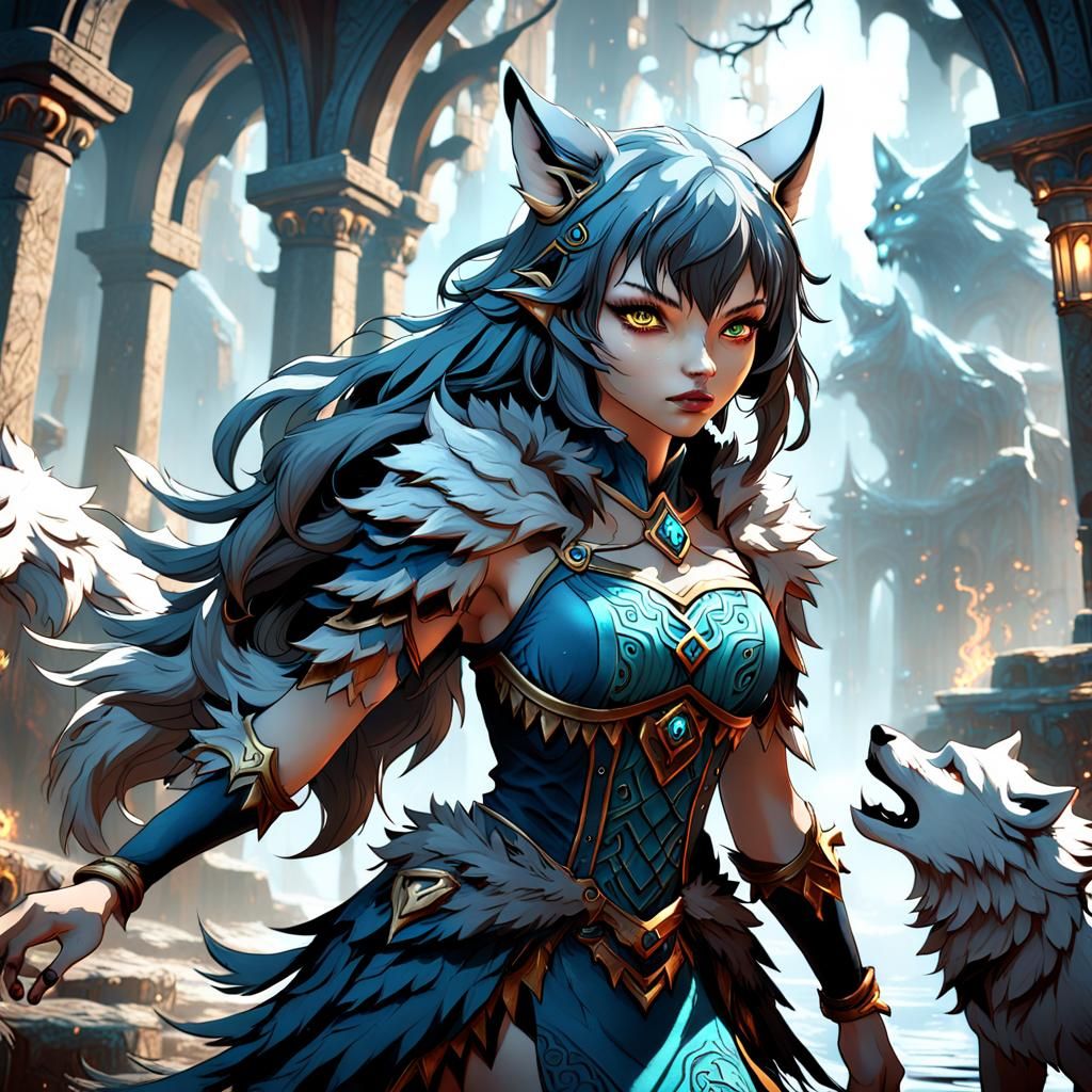 Fantastical Wolf Girl in Detailed Matte Painting