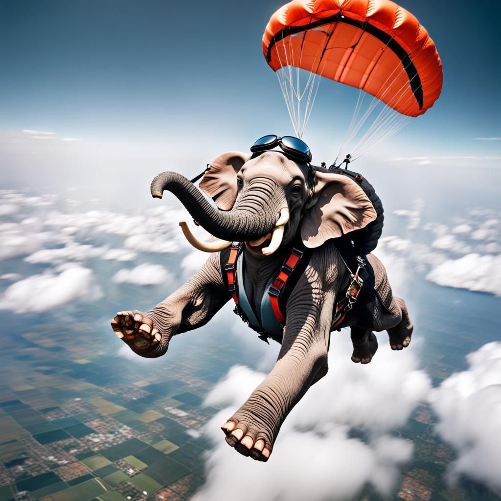 Skydiving Sushi Elephant in Hyperrealistic Style