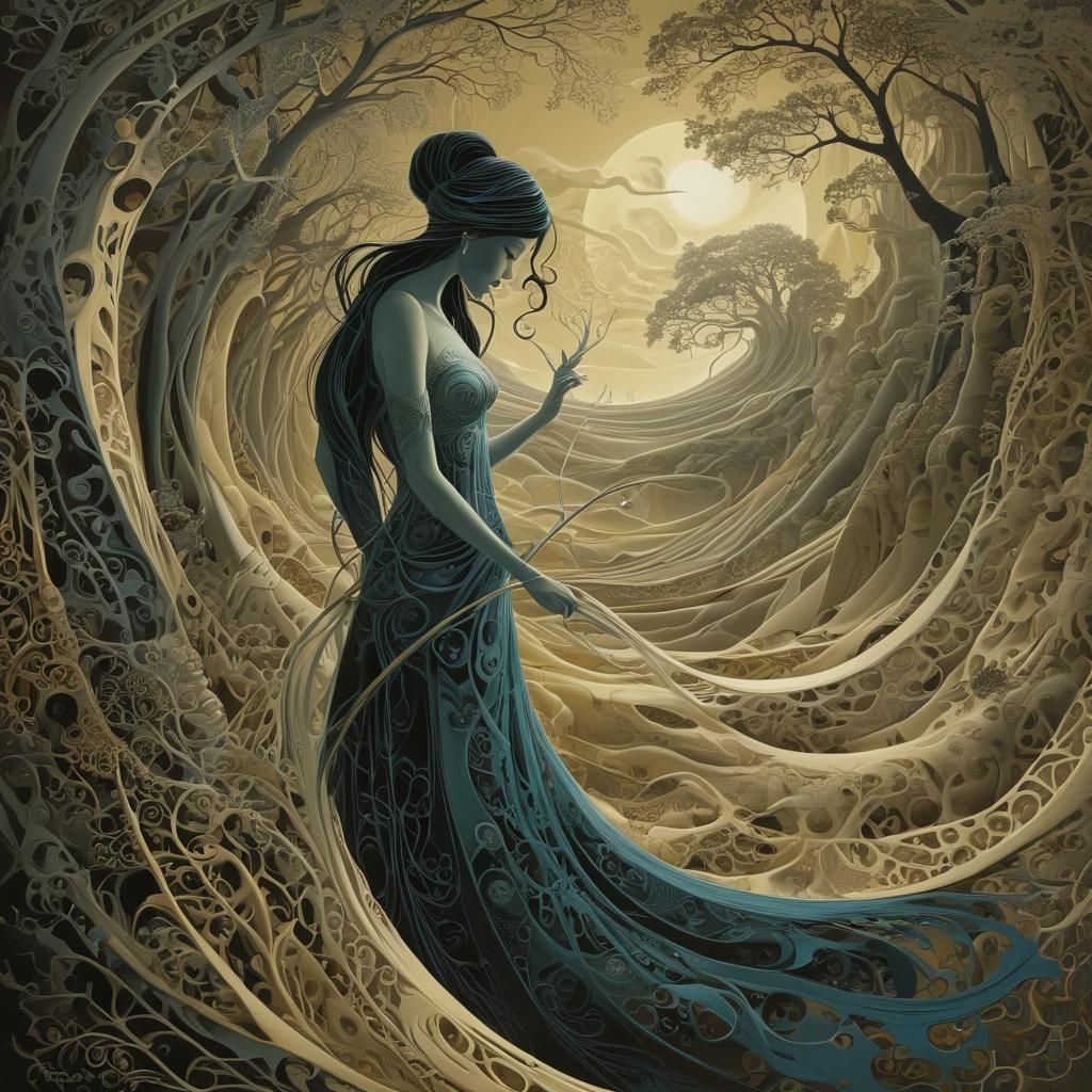 Ethereal Sandwoman Weaving Dreams, Eyvind Earle Inspired