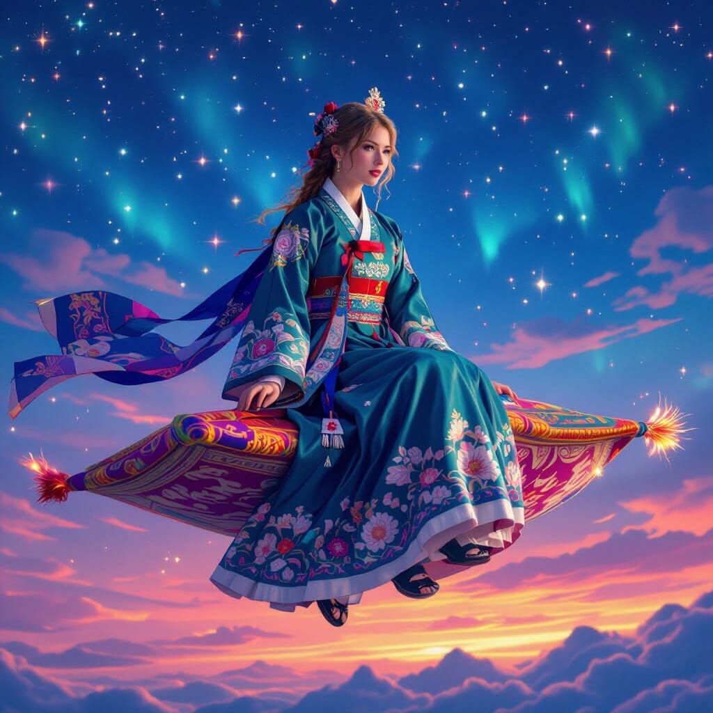 Taylor Swift in Hanbok on Magic Carpet Through Cosmic Sky