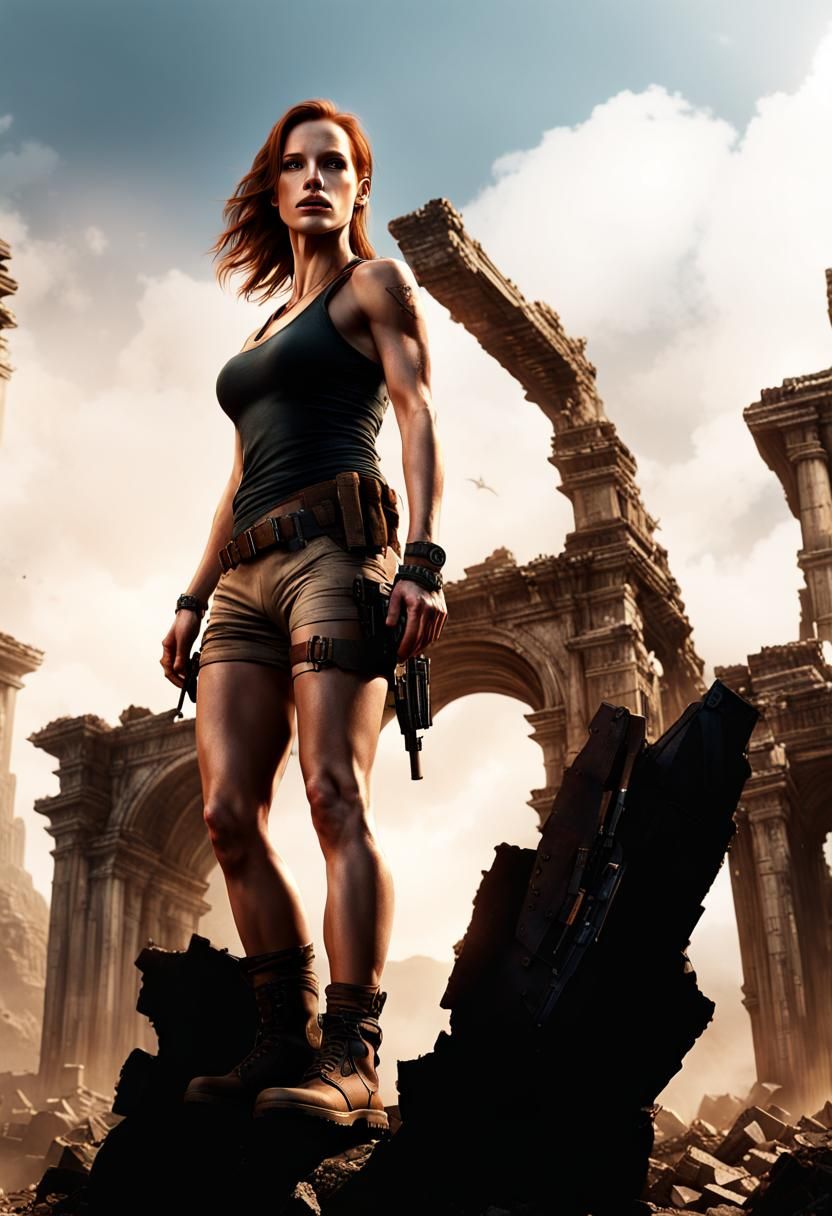 Lara Croft Exploring Temple Ruins: Detailed Matte Painting