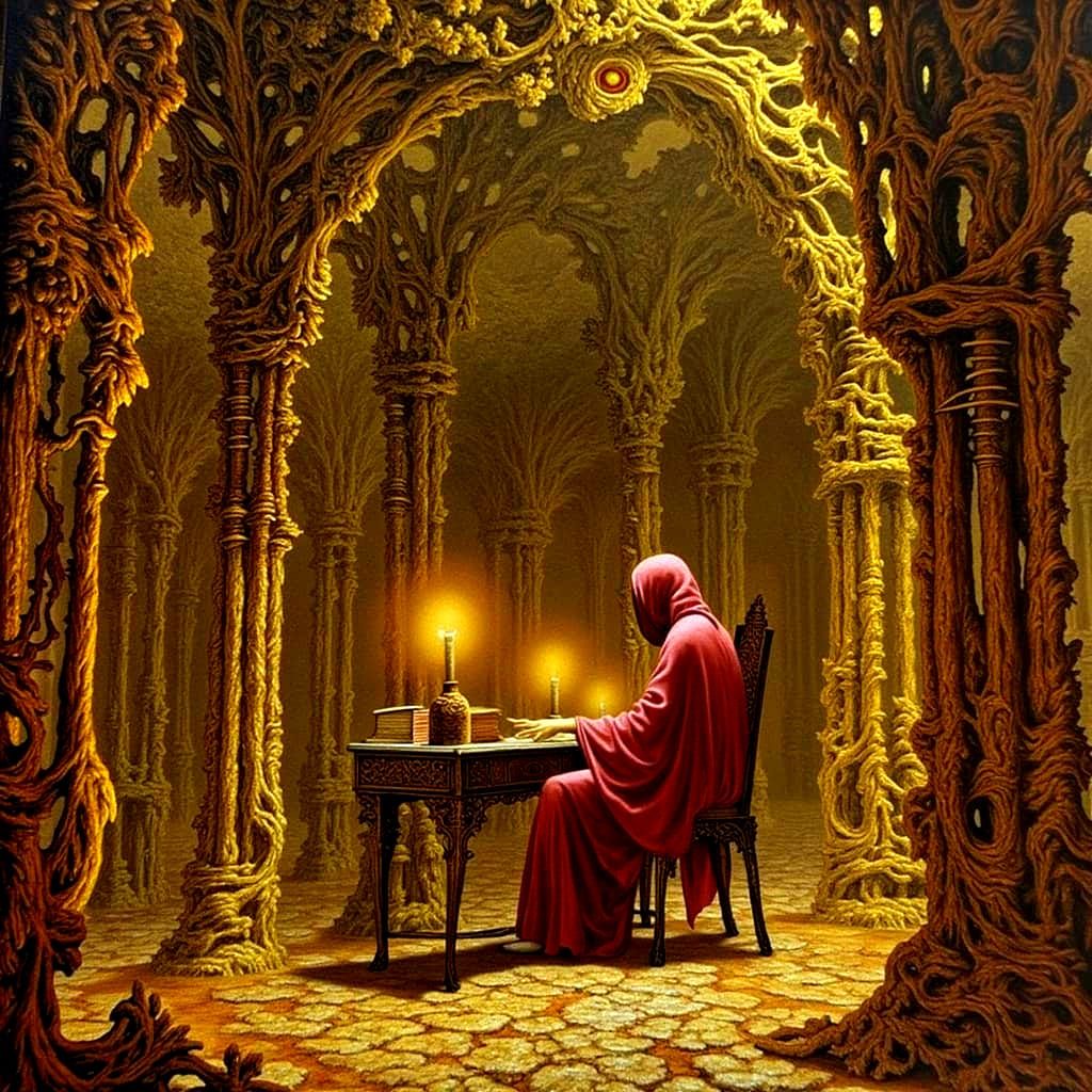 Scholar in Gothic Library with Baroque Details