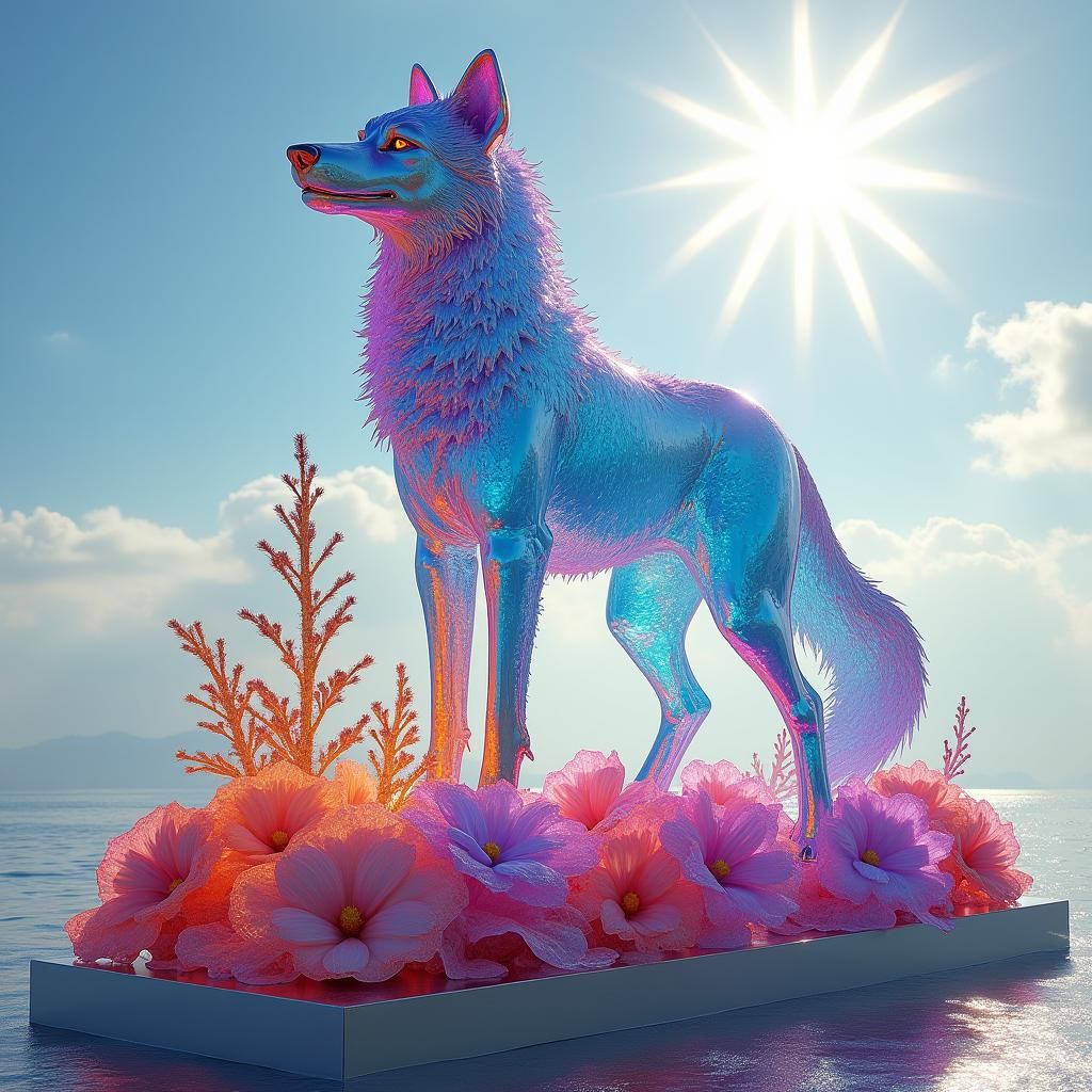 Colorful Ice Wolf Sculpture with Flowers