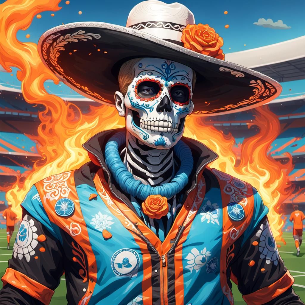 Day of the Dead Zombie Skelton John Candy with neon blue whi...