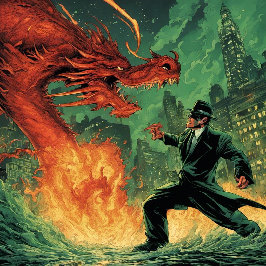Green Hornet Versus Flaming Dragon in Comic Book Art