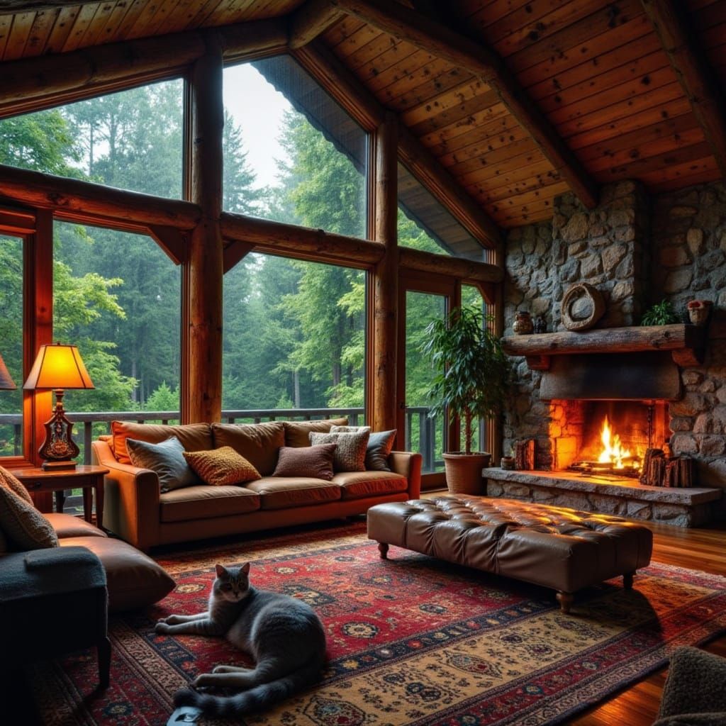Cozy Log Cabin Interior During Redwood Thunderstorm