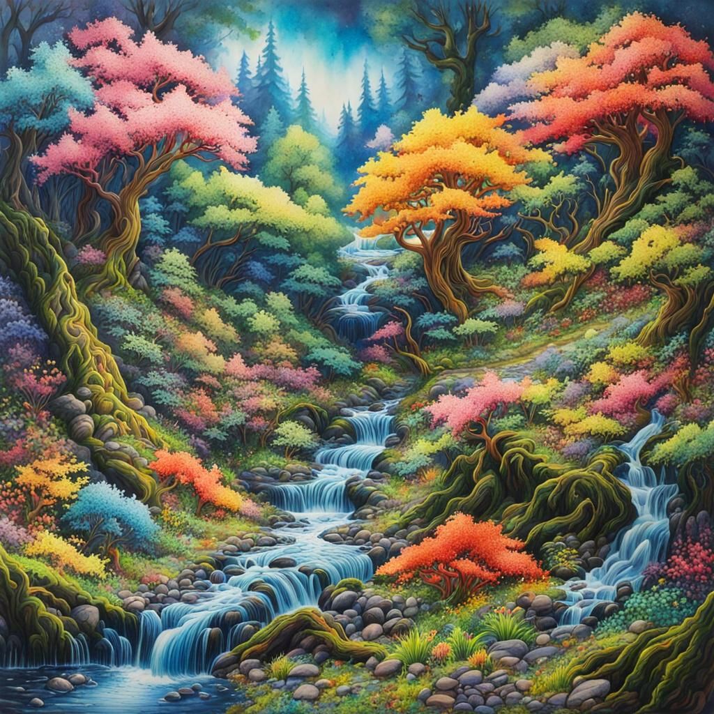 Bizarre Forest River in Wet Watercolour Manga Style