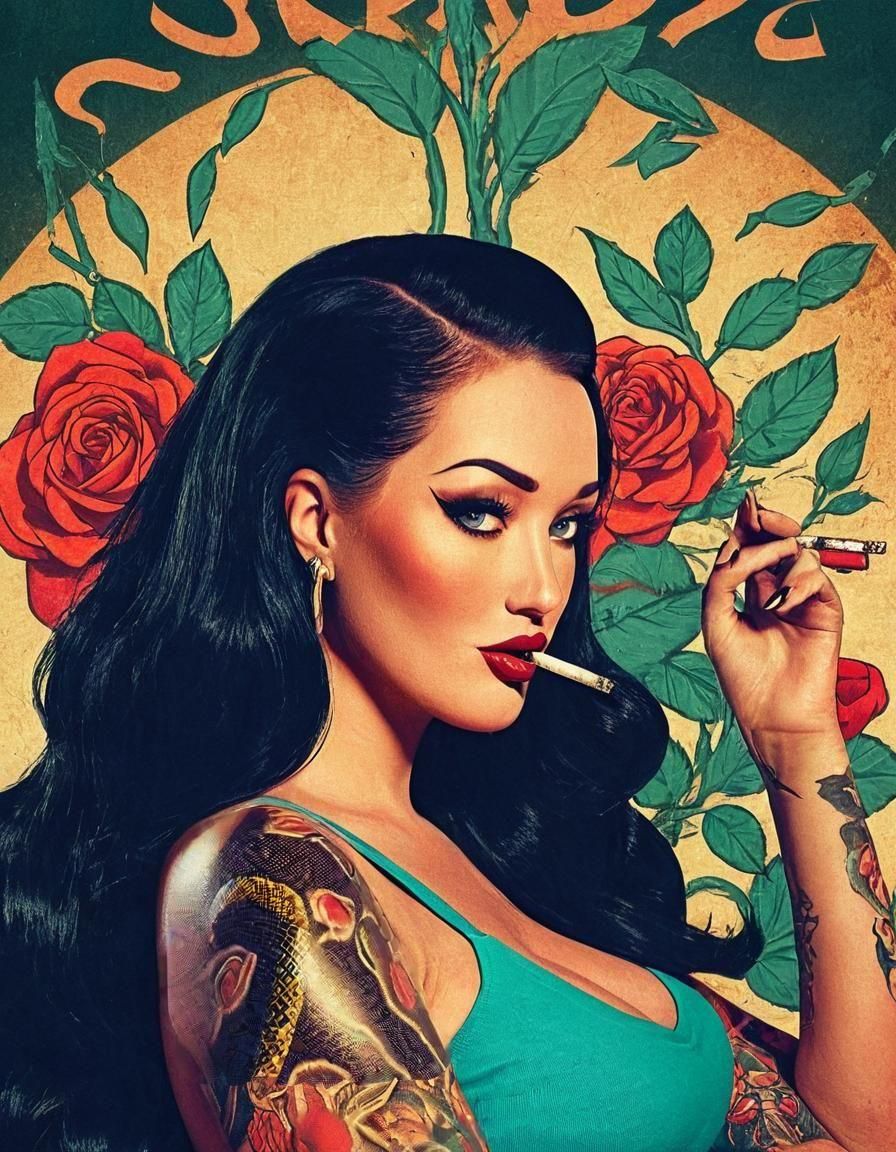 Pin-Up Girl with Snake Tattoo Smoking