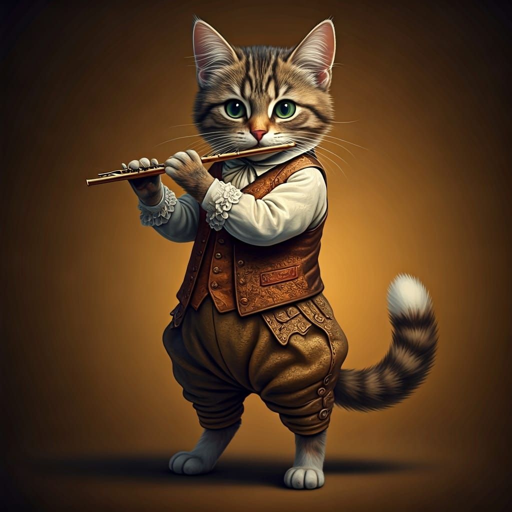 Whimsical Cat Playing Flute in Storybook Style