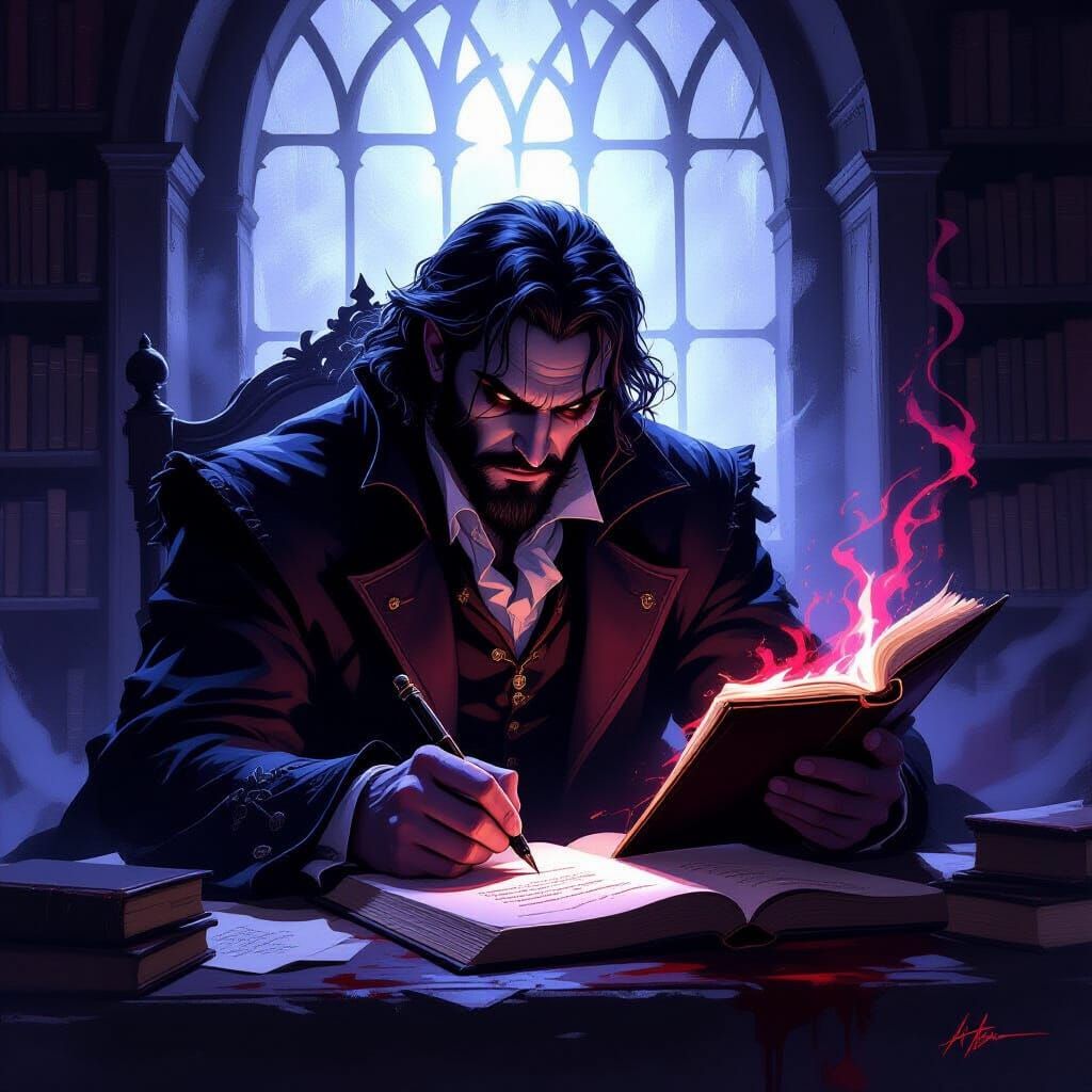 Sinister Author Writing in His Own Dark Literary World