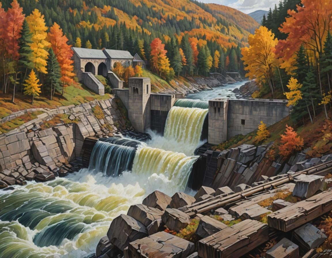 Dam Landscape Painting with Autumn Forest Backdrop