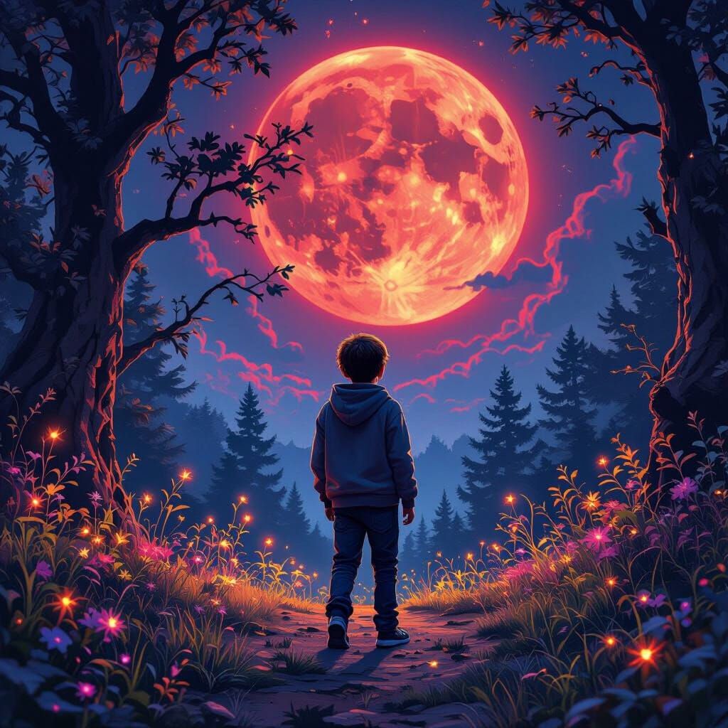Mystical Blood Moon: Boy in Fantasy Landscape